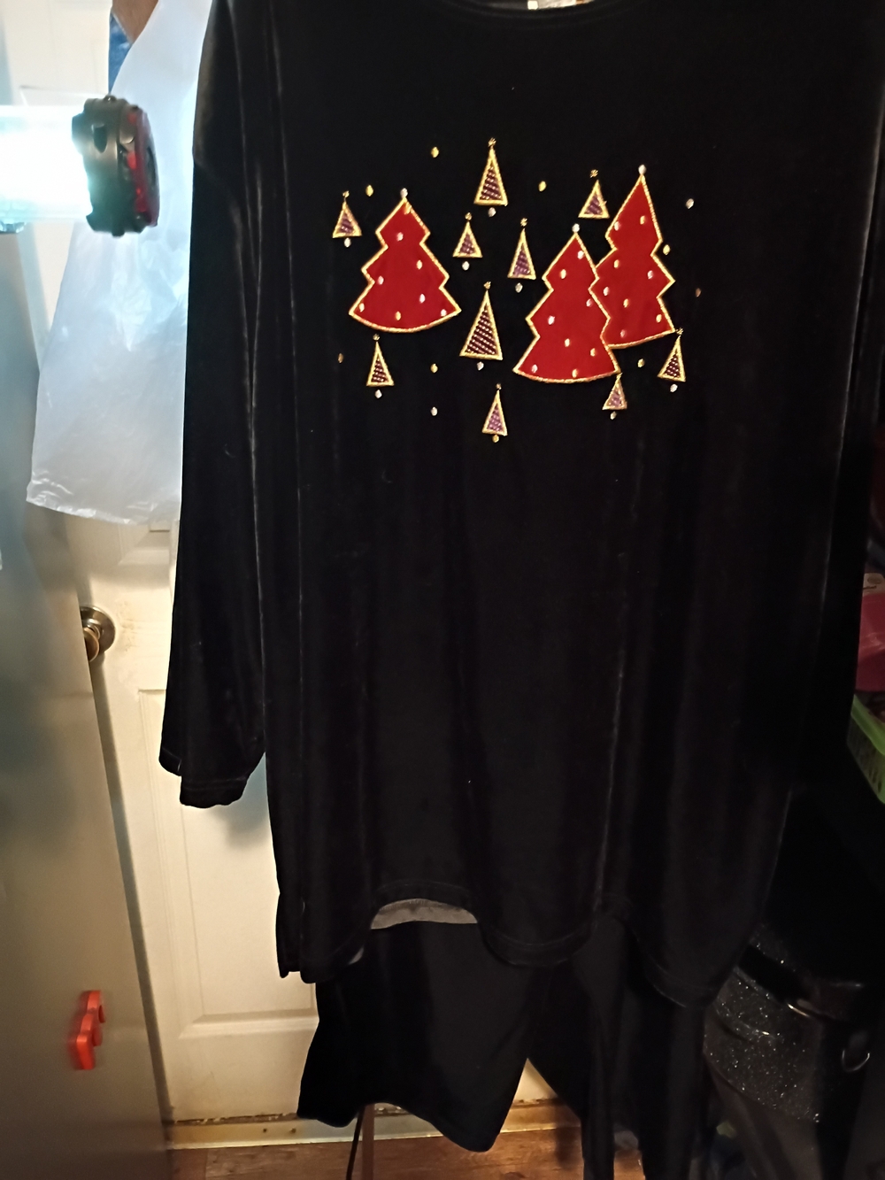 Women's 2 Pc ,Black Velvet Holiday Sweat suit with Red Tree Appliqué.
